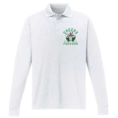 Cheers Fckers Shamrock Irish Day Saint PatrickS Day Performance Long Sleeve Polo