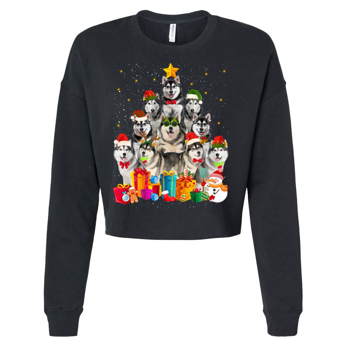 Christmas Funny Siberian Husky Dog Tree Xmas Pet Dog Lover Meaningful Gift Cropped Pullover Crew