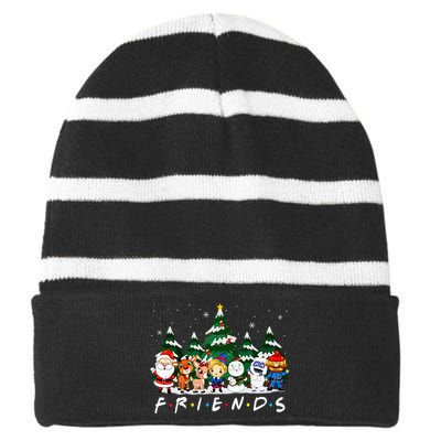 Christmas Friends Santa Rudolph Snowman Xmas Family Pajamas Striped Beanie with Solid Band