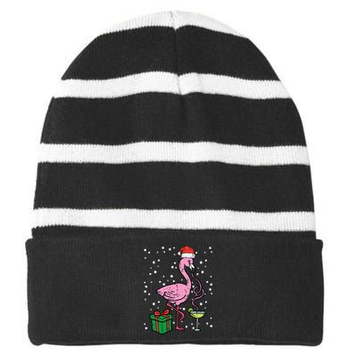 Christmas Flamingo Santa Tropical Xmas Vacation Striped Beanie with Solid Band