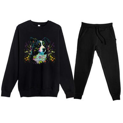 Cute Flower Summer Floral Border Collie Premium Crewneck Sweatsuit Set