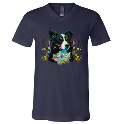 Cute Flower Summer Floral Border Collie V-Neck T-Shirt