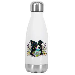 Cute Flower Summer Floral Border Collie Stainless Steel Insulated Water Bottle