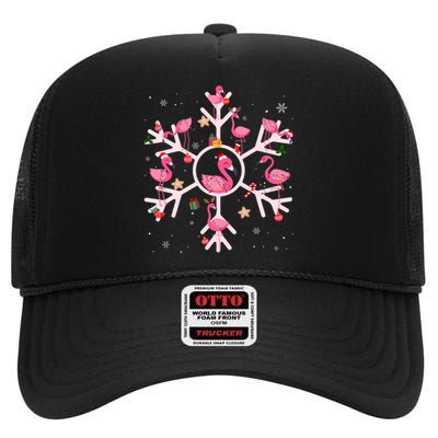 Christmas Flamingo Santa Hat Xmas Lights Flamingo Snowflakes High Crown Mesh Back Trucker Hat