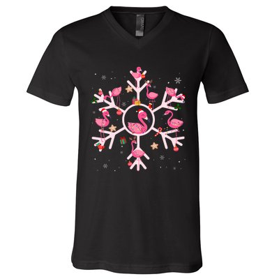 Christmas Flamingo Santa Hat Xmas Lights Flamingo Snowflakes V-Neck T-Shirt