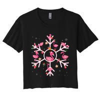 Christmas Flamingo Santa Hat Xmas Lights Flamingo Snowflakes Women's Crop Top Tee