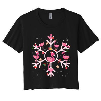 Christmas Flamingo Santa Hat Xmas Lights Flamingo Snowflakes Women's Crop Top Tee