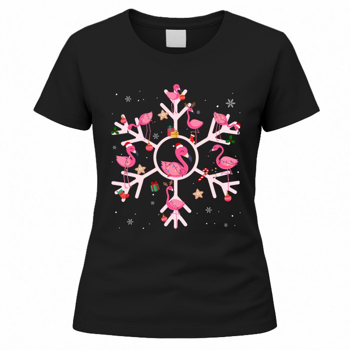 Christmas Flamingo Santa Hat Xmas Lights Flamingo Snowflakes Women's T-Shirt