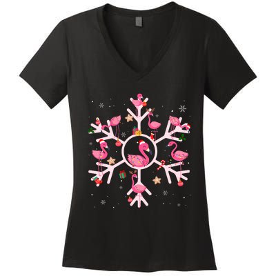 Christmas Flamingo Santa Hat Xmas Lights Flamingo Snowflakes Women's V-Neck T-Shirt