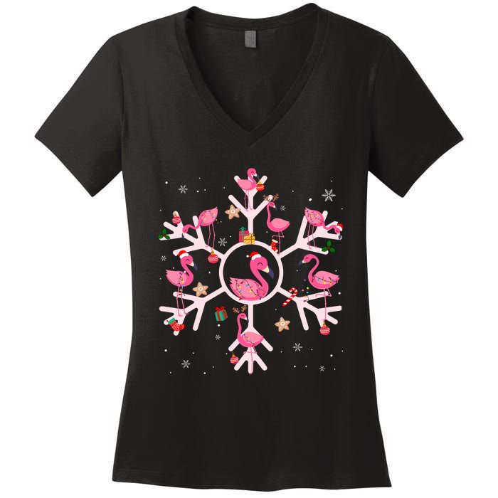 Christmas Flamingo Santa Hat Xmas Lights Flamingo Snowflakes Women's V-Neck T-Shirt