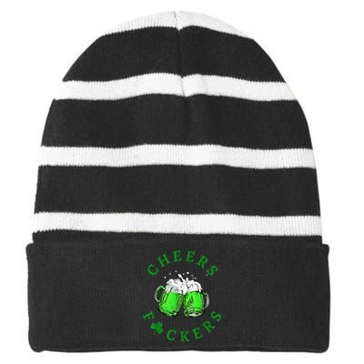 Cheers Fuckers St Patricks Day Beer Drinking Striped Beanie with Solid Band