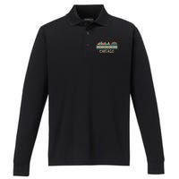 Chicago Flag Skyline Vintage Illinois City Performance Long Sleeve Polo