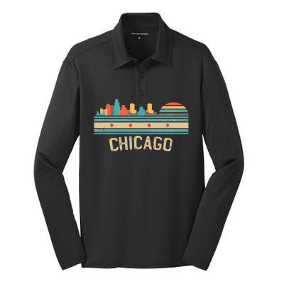 Chicago Flag Skyline Vintage Illinois City Silk Touch Performance Long Sleeve Polo