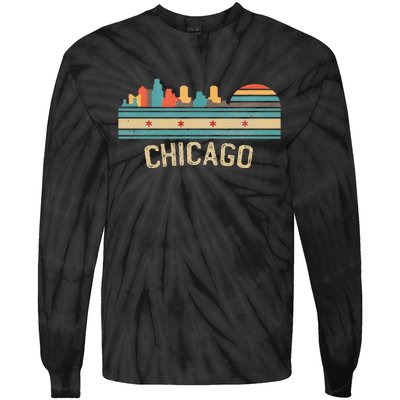 Chicago Flag Skyline Vintage Illinois City Tie-Dye Long Sleeve Shirt