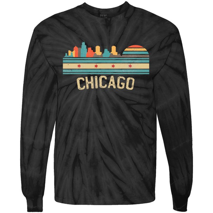 Chicago Flag Skyline Vintage Illinois City Tie-Dye Long Sleeve Shirt