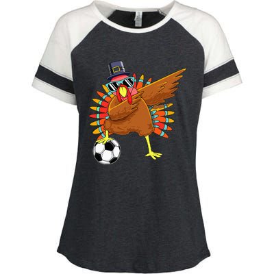 Cute Funny Soccer Thanksgiving Dabbing Turkey Dab  Enza Ladies Jersey Colorblock Tee