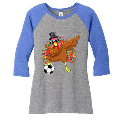 Cute Funny Soccer Thanksgiving Dabbing Turkey Dab  Women's Tri-Blend 3/4-Sleeve Raglan Shirt