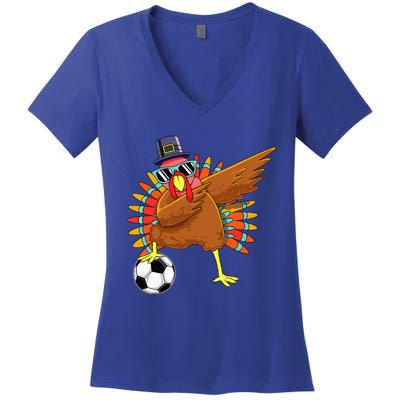 Cute Funny Soccer Thanksgiving Dabbing Turkey Dab  Women's V-Neck T-Shirt