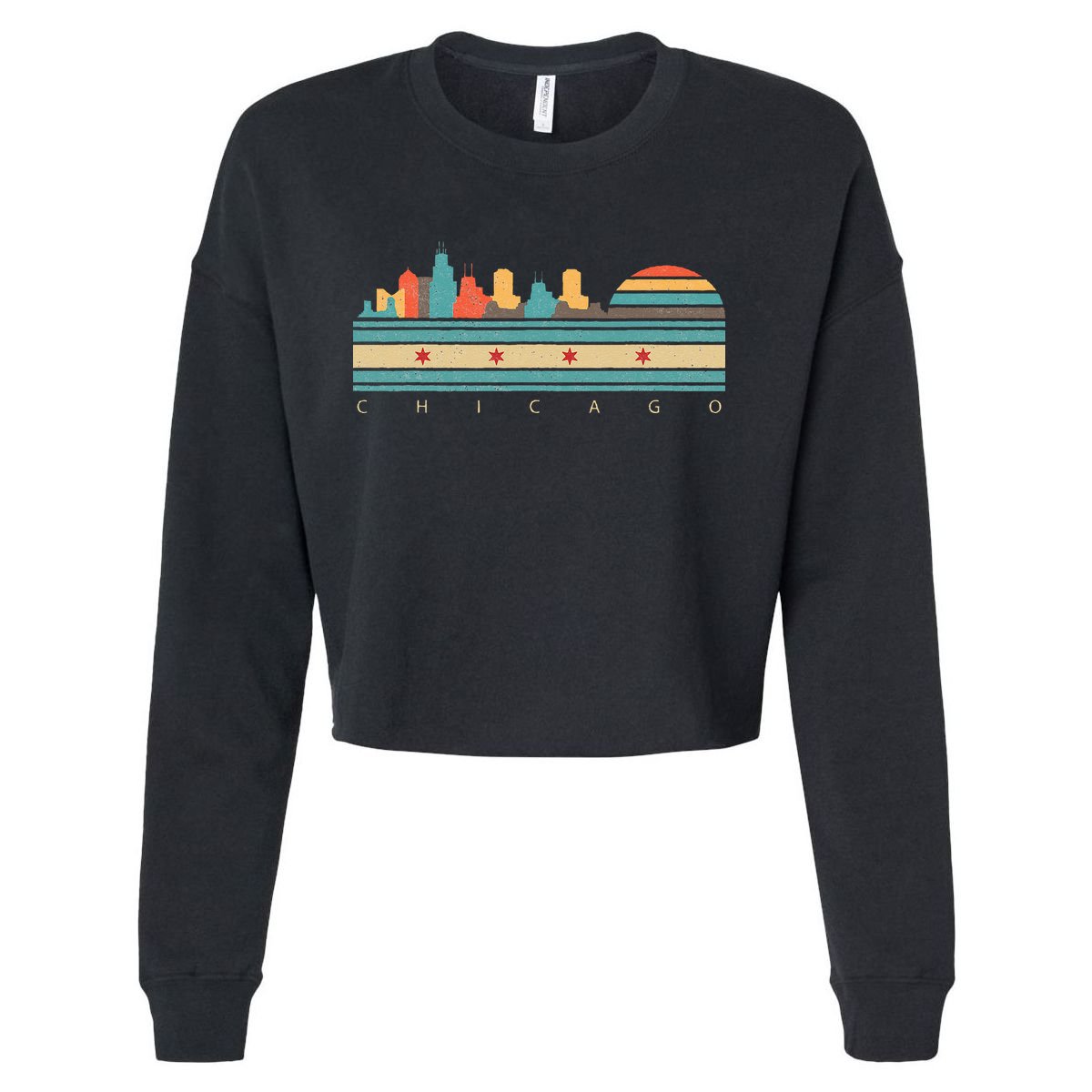 Chicago Flag Skyline Vintage Illinois City Retro Souvenir Cropped Pullover Crew