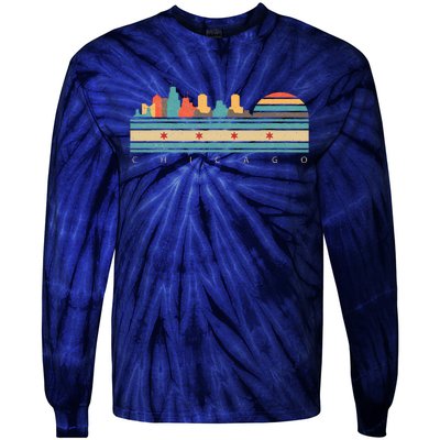 Chicago Flag Skyline Vintage Illinois City Retro Souvenir Tie-Dye Long Sleeve Shirt