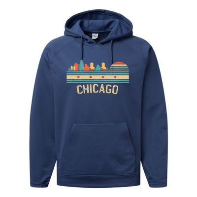 Chicago Flag Skyline Vintage Illinois City Retro Souvenir Performance Fleece Hoodie