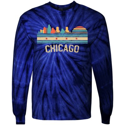 Chicago Flag Skyline Vintage Illinois City Retro Souvenir Tie-Dye Long Sleeve Shirt