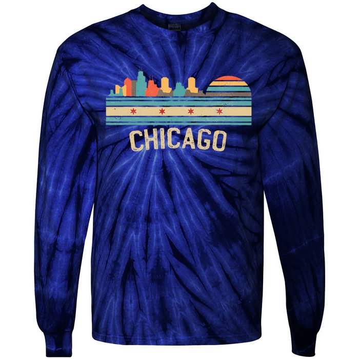 Chicago Flag Skyline Vintage Illinois City Retro Souvenir Tie-Dye Long Sleeve Shirt