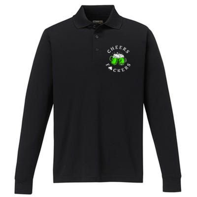 Cheers Fckers' St Patricks Day Beer Drinking Funny Performance Long Sleeve Polo