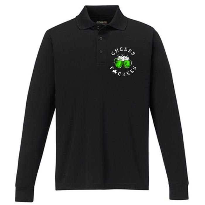 Cheers Fckers' St Patricks Day Beer Drinking Funny Performance Long Sleeve Polo