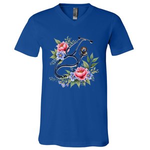 Cute Floral Stethoscope Design For Nurses Doctors Gift V-Neck T-Shirt