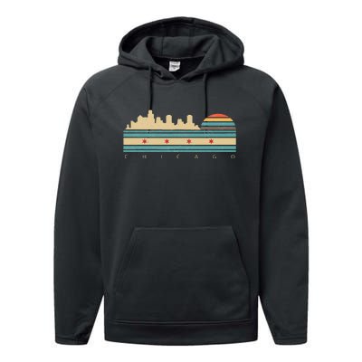 Chicago Flag Skyline Vintage Illinois City Retro Souvenir Performance Fleece Hoodie