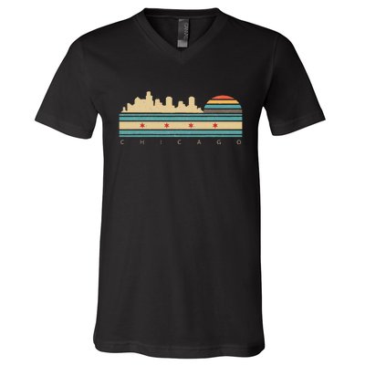 Chicago Flag Skyline Vintage Illinois City Retro Souvenir V-Neck T-Shirt