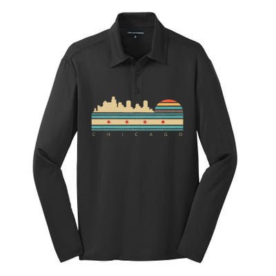 Chicago Flag Skyline Vintage Illinois City Retro Souvenir Silk Touch Performance Long Sleeve Polo