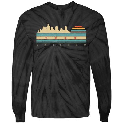 Chicago Flag Skyline Vintage Illinois City Retro Souvenir Tie-Dye Long Sleeve Shirt