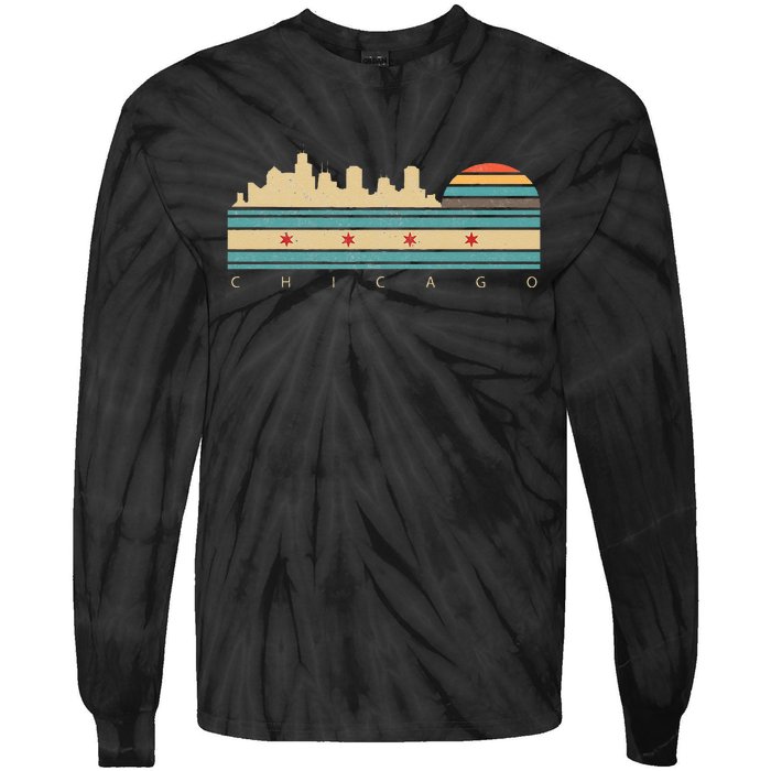 Chicago Flag Skyline Vintage Illinois City Retro Souvenir Tie-Dye Long Sleeve Shirt