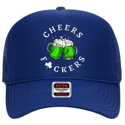 Cheers Fckers' St Patricks Day Men Women Beer Drinking Funny High Crown Mesh Back Trucker Hat