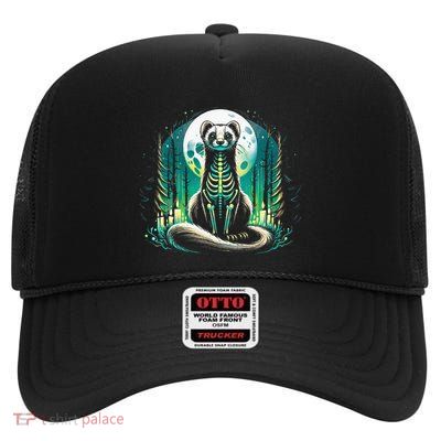 Cool Ferret Skeleton Halloween Christmas Birthday High Crown Mesh Back Trucker Hat