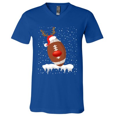 Christmas Football Santa Hat Reindeer Xmas Lights Holiday Funny Gift V-Neck T-Shirt