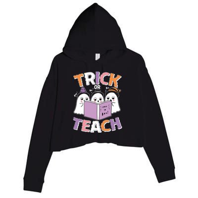 Cute Funny Trick Or Teach Reading Ghost Crop Fleece Hoodie