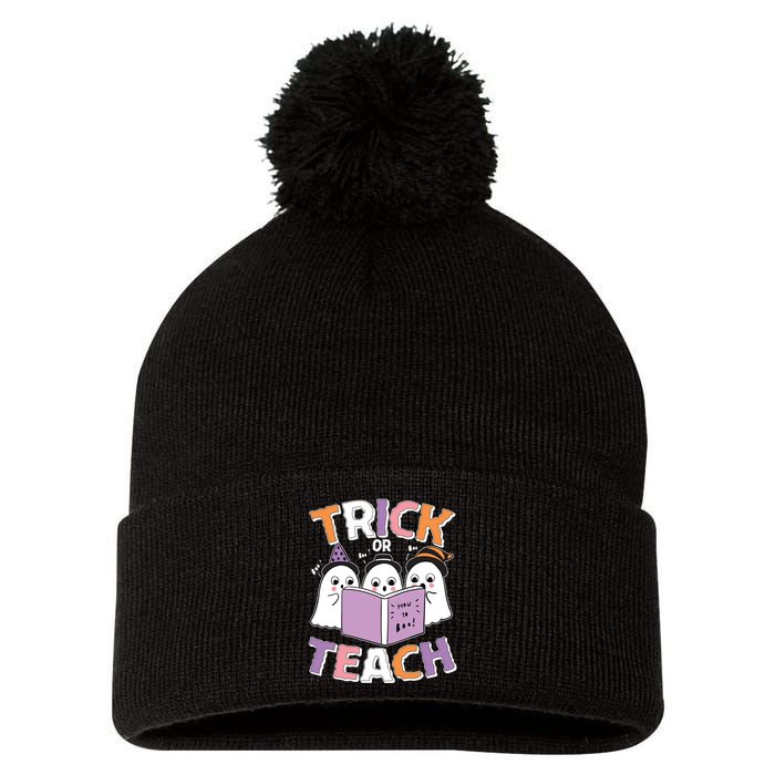 Cute Funny Trick Or Teach Reading Ghost Pom Pom 12in Knit Beanie