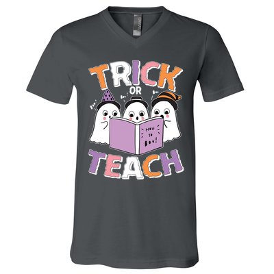 Cute Funny Trick Or Teach Reading Ghost V-Neck T-Shirt