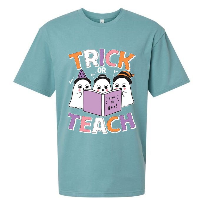 Cute Funny Trick Or Teach Reading Ghost Sueded Cloud Jersey T-Shirt