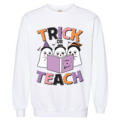 Cute Funny Trick Or Teach Reading Ghost Garment-Dyed Sweatshirt