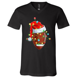 Christmas Football Team Player Santa Hat Funny Xmas Football V-Neck T-Shirt