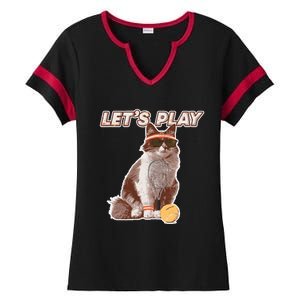 Cool Funny Tennis Cat Wearing Sunglasses Tennis Racket Ball Ladies Halftime Notch Neck Tee