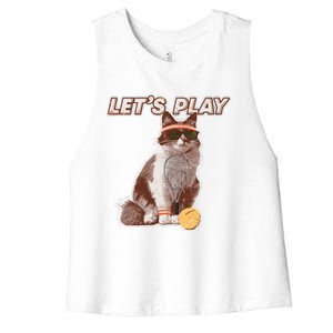 Cool Funny Tennis Cat Wearing Sunglasses Tennis Racket Ball Women's Racerback Cropped Tank