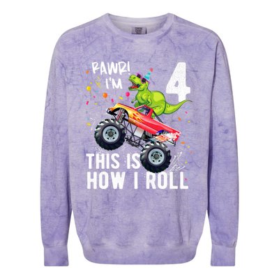 Cute Funny T Rex Dinosaur Monster Truck Gift 4th Birthday Boys And Girls Gift Colorblast Crewneck Sweatshirt