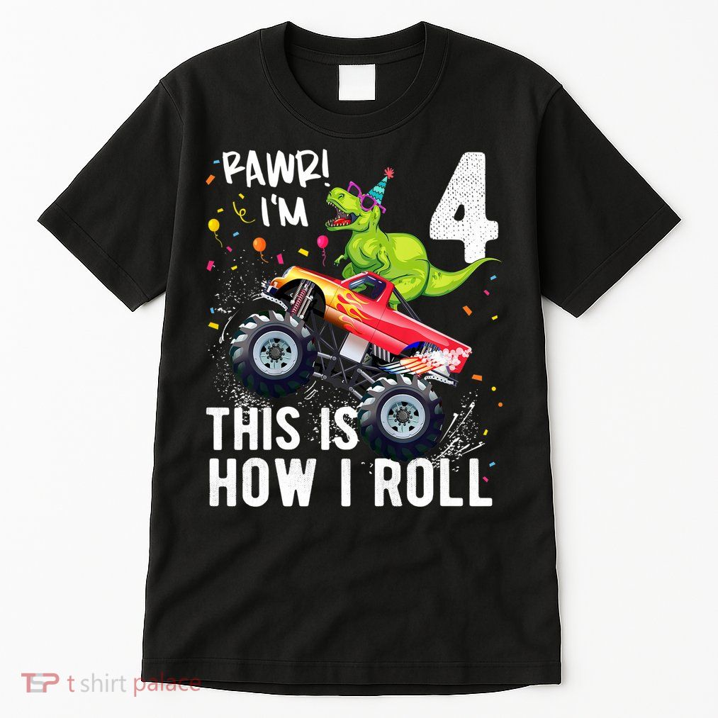 Cute Funny T Rex Dinosaur Monster Truck Gift 4th Birthday Boys And Girls Gift Tall T-Shirt