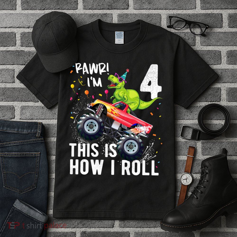 Cute Funny T Rex Dinosaur Monster Truck Gift 4th Birthday Boys And Girls Gift Tall T-Shirt