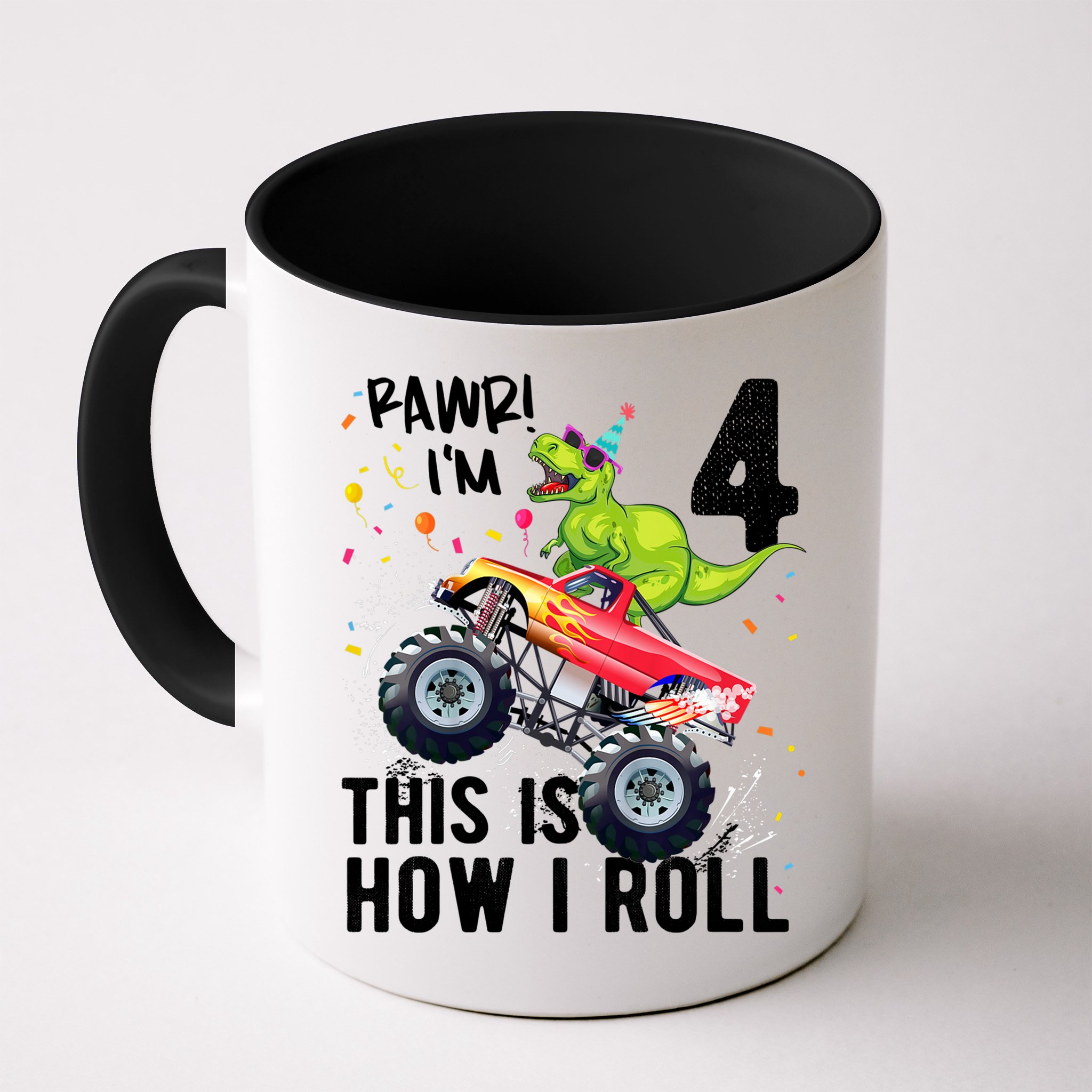 Cute Funny T Rex Dinosaur Monster Truck Gift 4th Birthday Boys And Girls Gift Mug